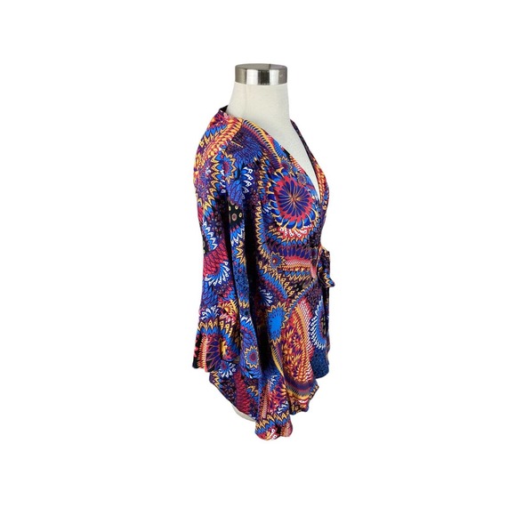 Maeve by Anthropologie XS Orange Blue Red Elly Print Wrap Kimono Sleeve Blouse - Picture 2 of 4